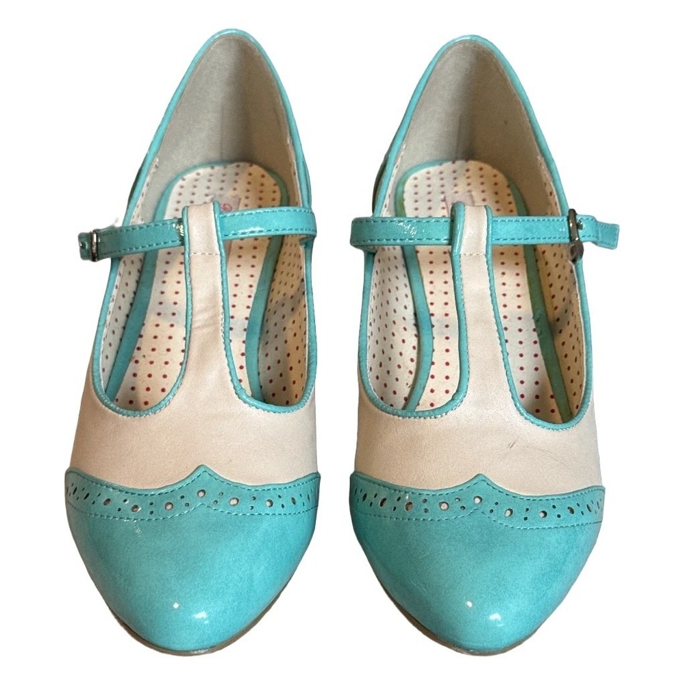 Retro Rockabilly BAIT Teal Mint Cream Wingtip T-Strap Pumps Size 10 Pin-up Retro